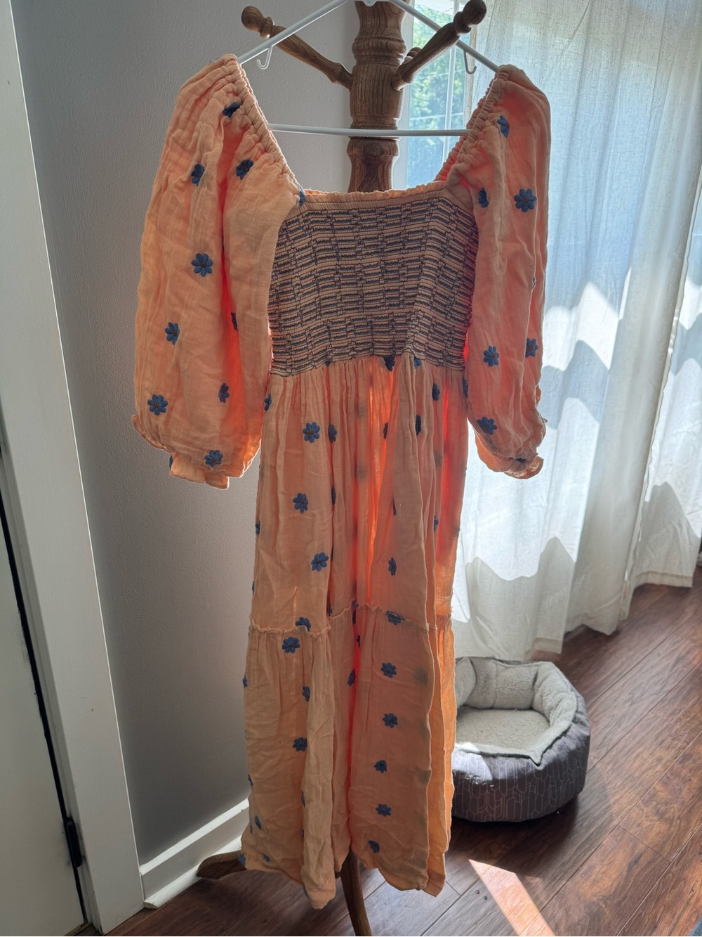 Free People dahlia Peach Dress with Blue Floral Embroidery